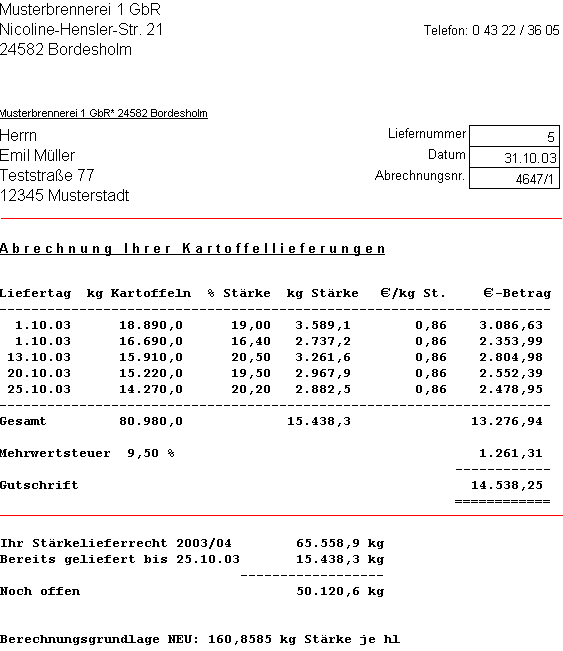 Kartoffelgeld-Abrechnung